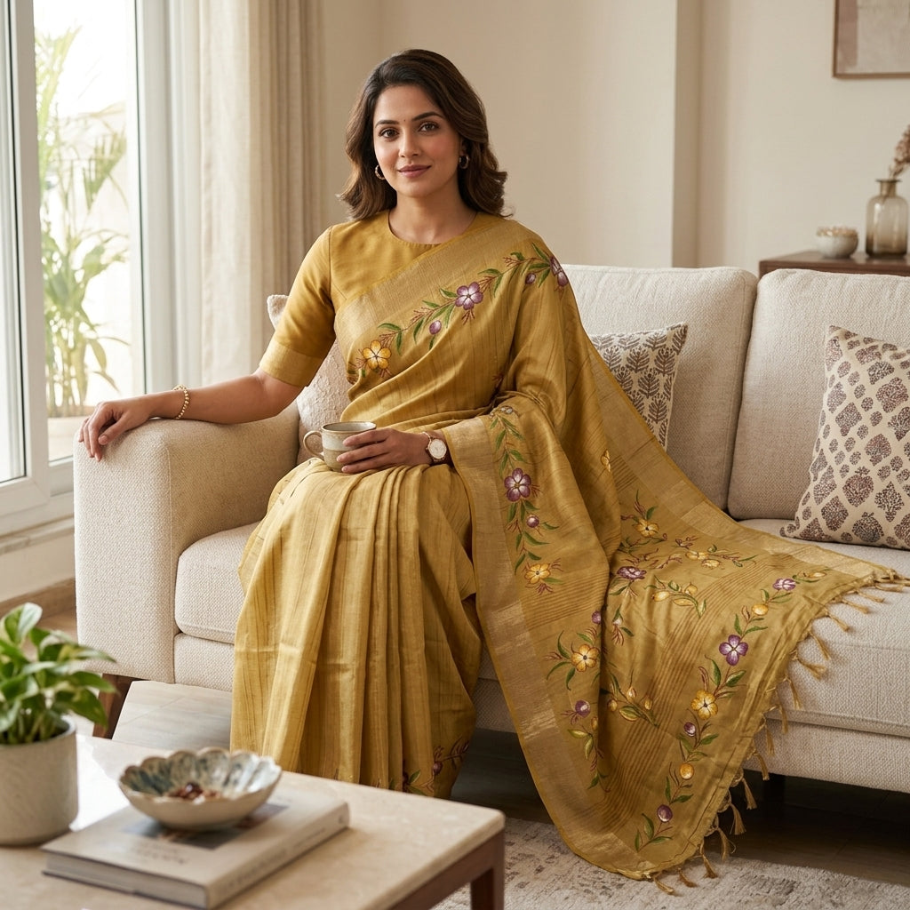 Golden Beige Floral Handmade Madhubani Painting  Saree with Blouse