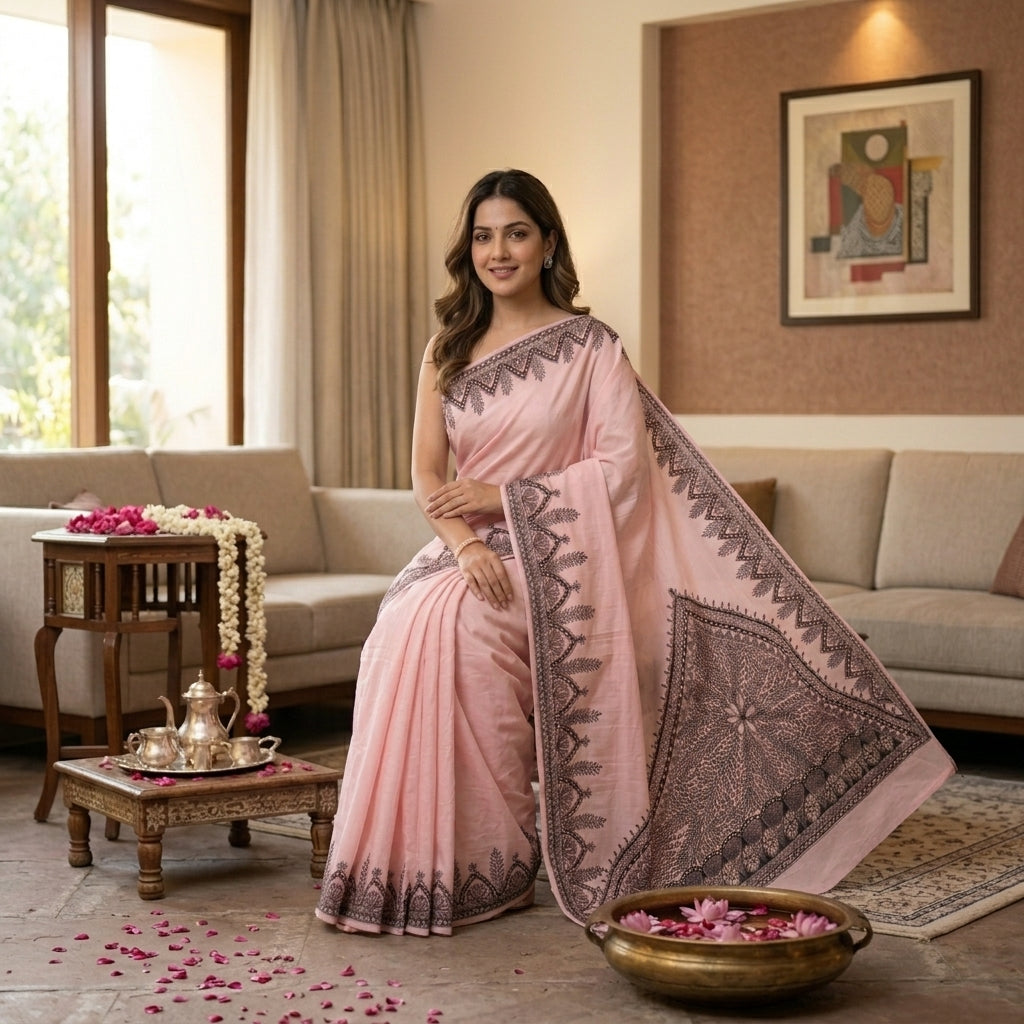 Handmade Madhubani Painting Saree with Blouse for Women