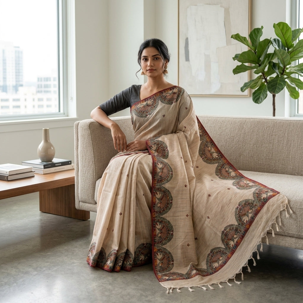 Handmade Madhubani Painting Tussar  Saree with Blouse – Traditional Ethnic Wear for Women
