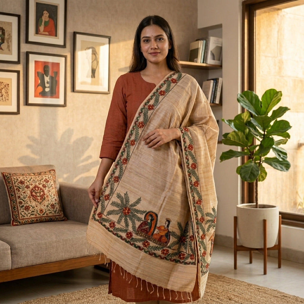 Handmade Madhubani Painting Dupatta Ethnic Wear | Traditional Designer Dupatta for Women