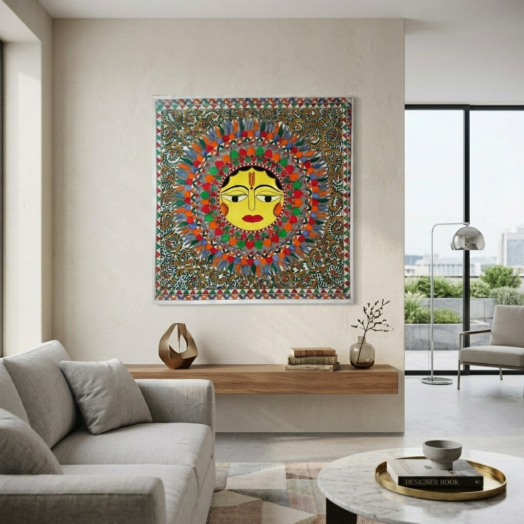 Lord Sun Madhubani Painting - Handmade Traditional Wall Art