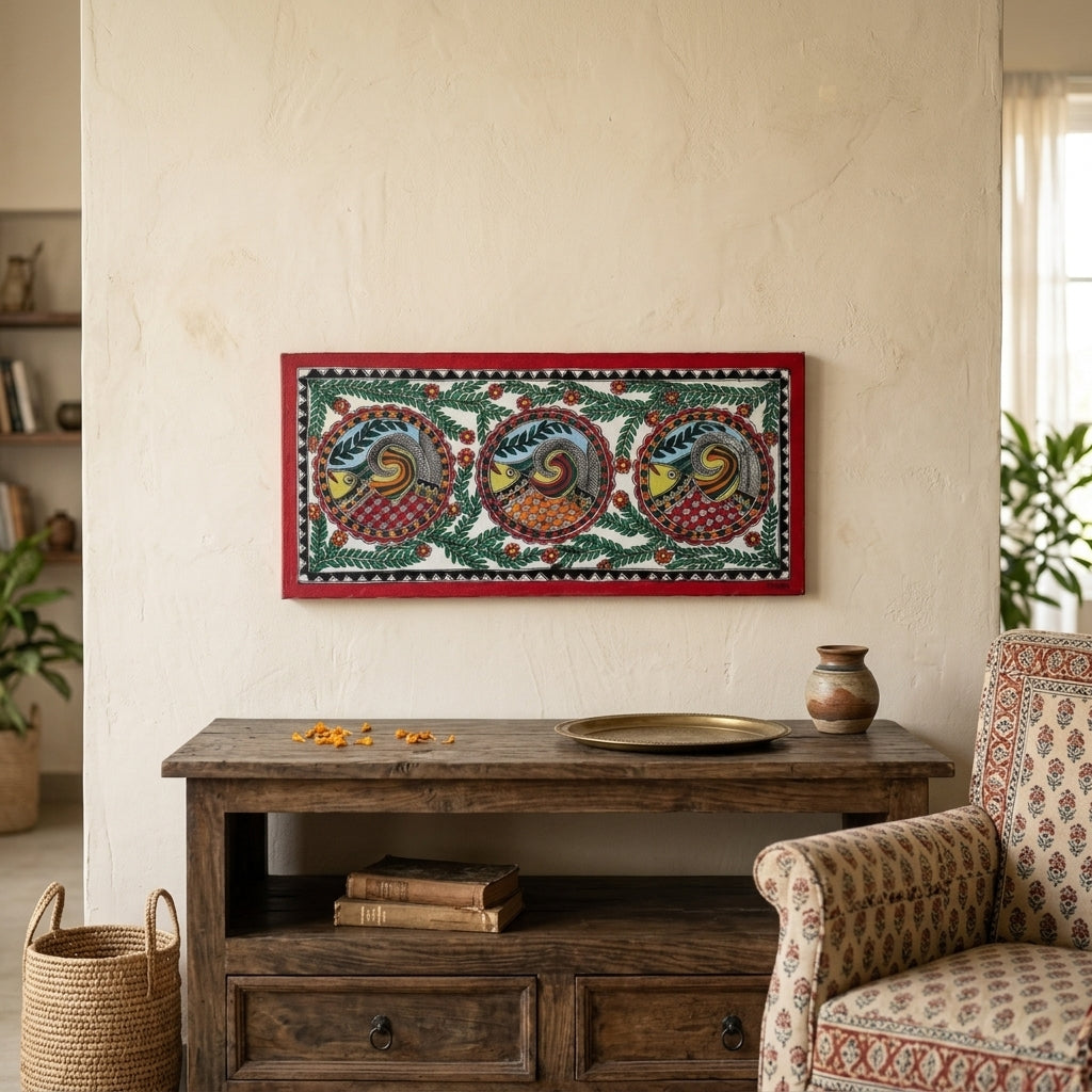 Fish Madhubani Painting with Frame – Handmade Wall Art