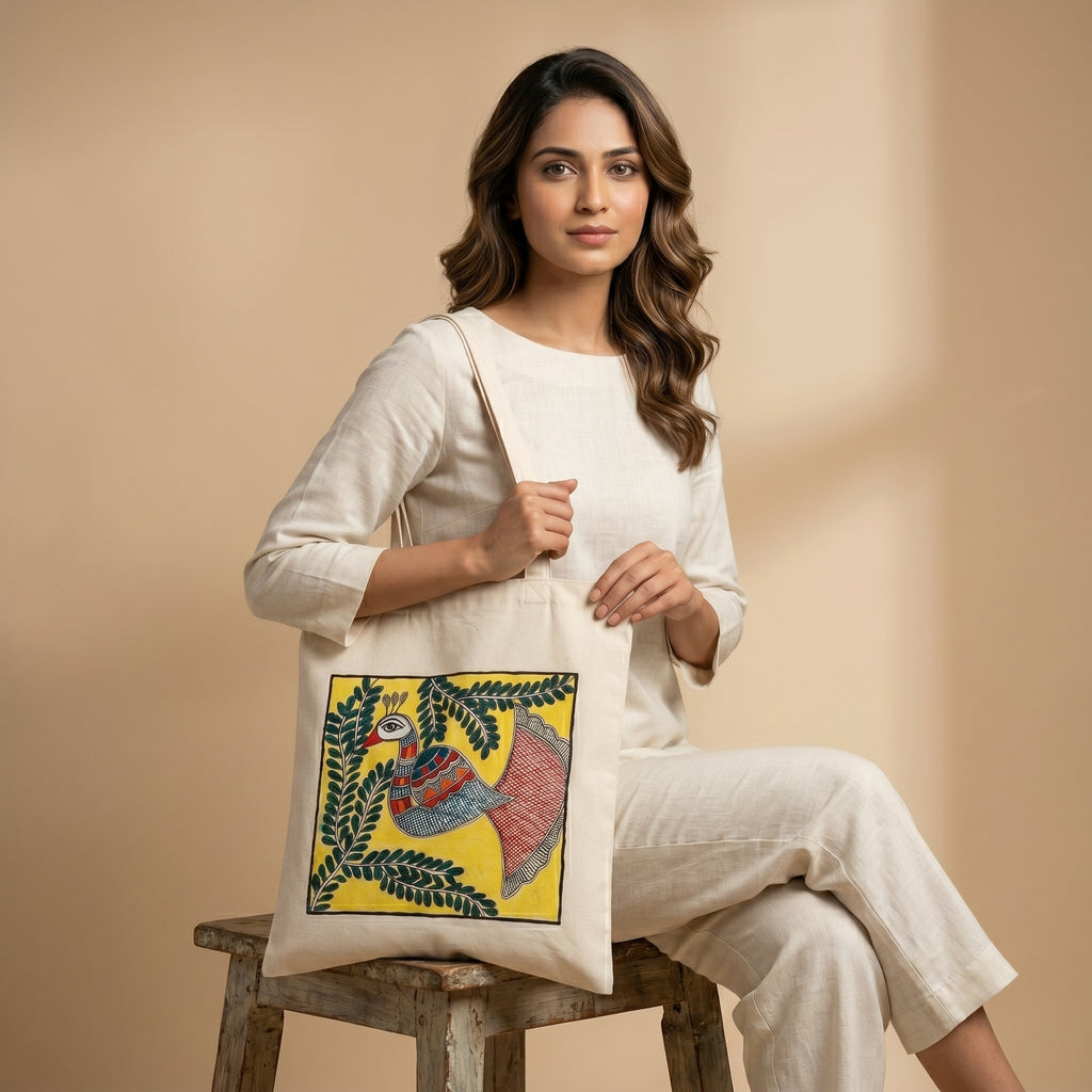 Hand-Painted Madhubani Tote Bag | Handmade Ethnic Shopping Bag