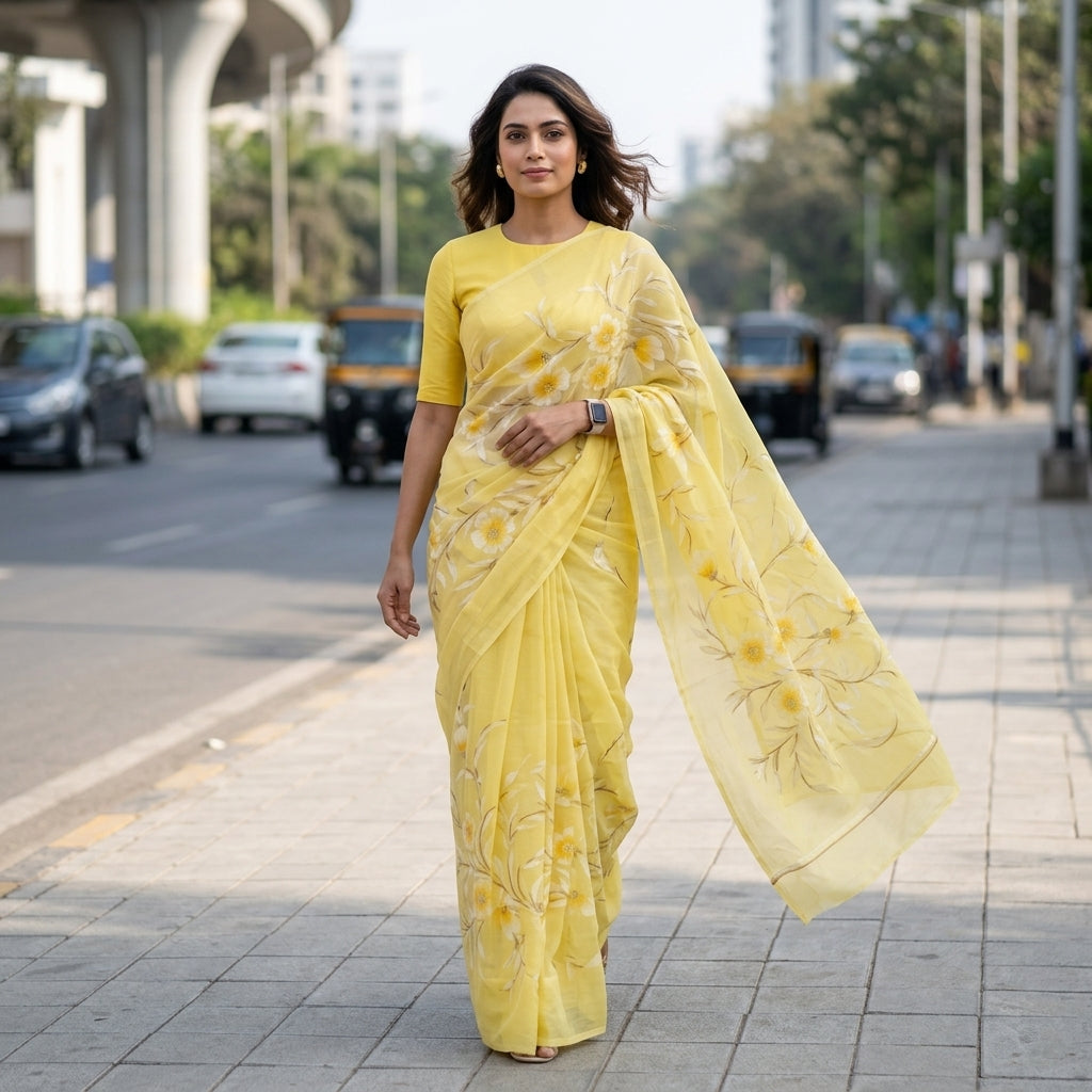 Light Yellow Floral Handmade Madhubani Painting Saree with Blouse