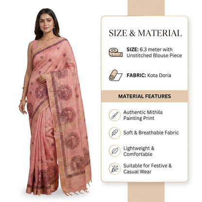 Onion Pink Handmade Madhubani Painting Saree with Blouse