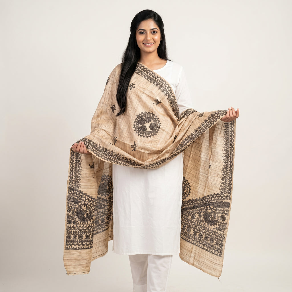 Handmade Madhubani Painting Dupatta | Traditional Hand-Painted Dupatta