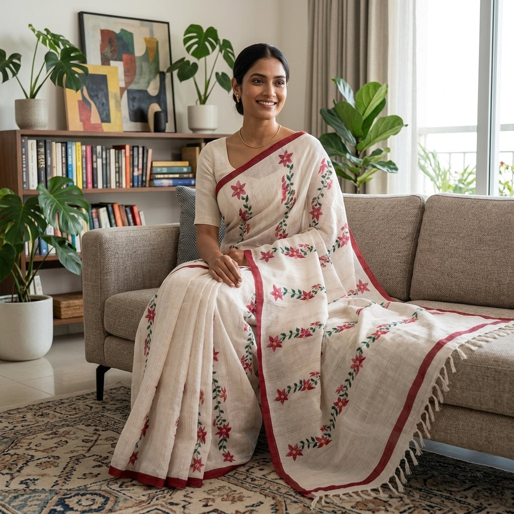 Red & White Floral Handmade Madhubani Painting Saree with Blouse