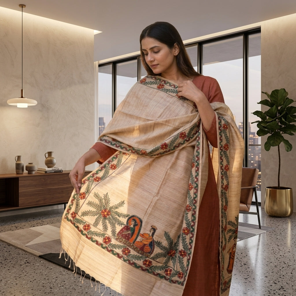 Handmade Madhubani Painting Dupatta Ethnic Wear | Traditional Designer Dupatta for Women
