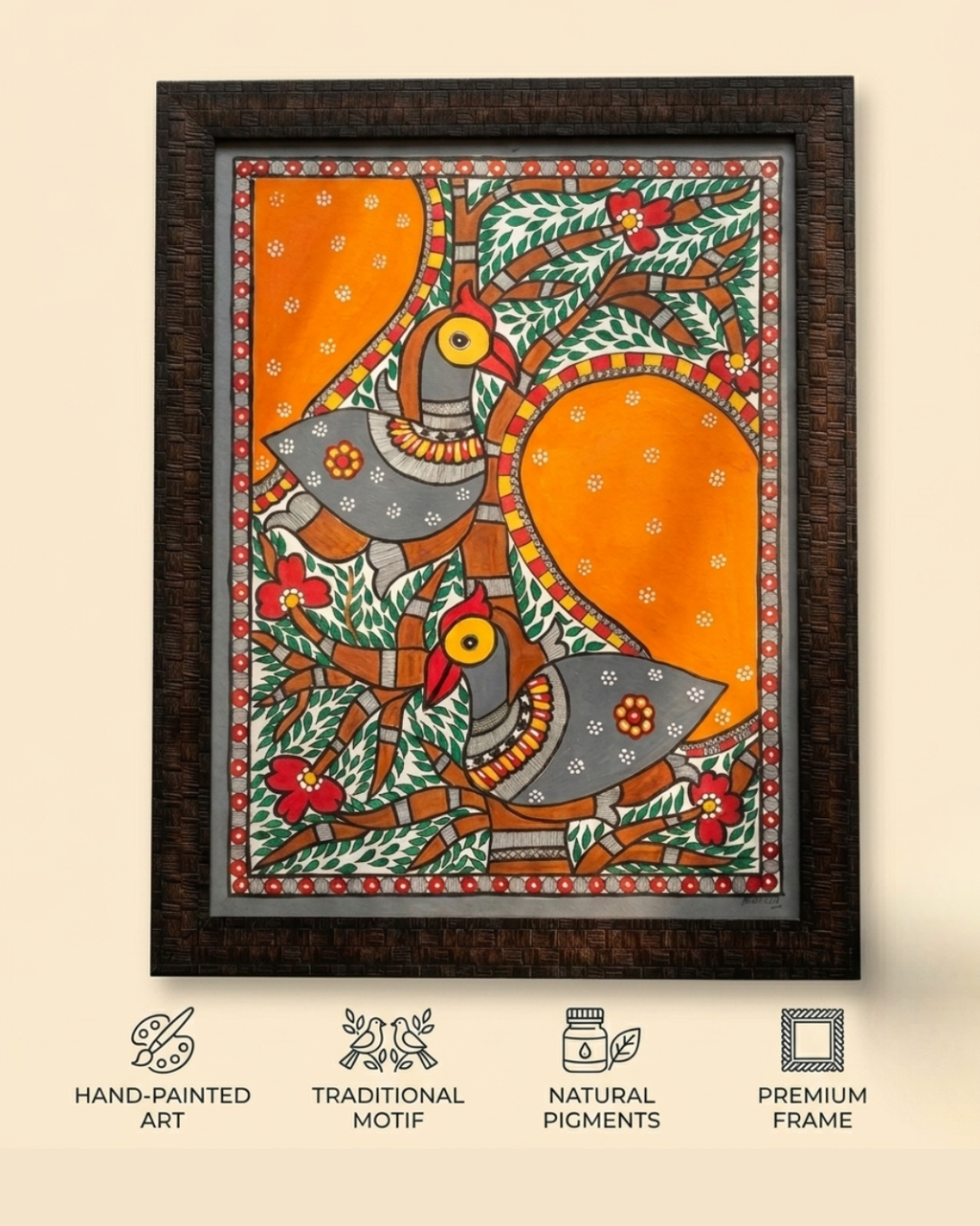 Peacock Madhubani Painting  with Frame – Traditional Indian Wall Art