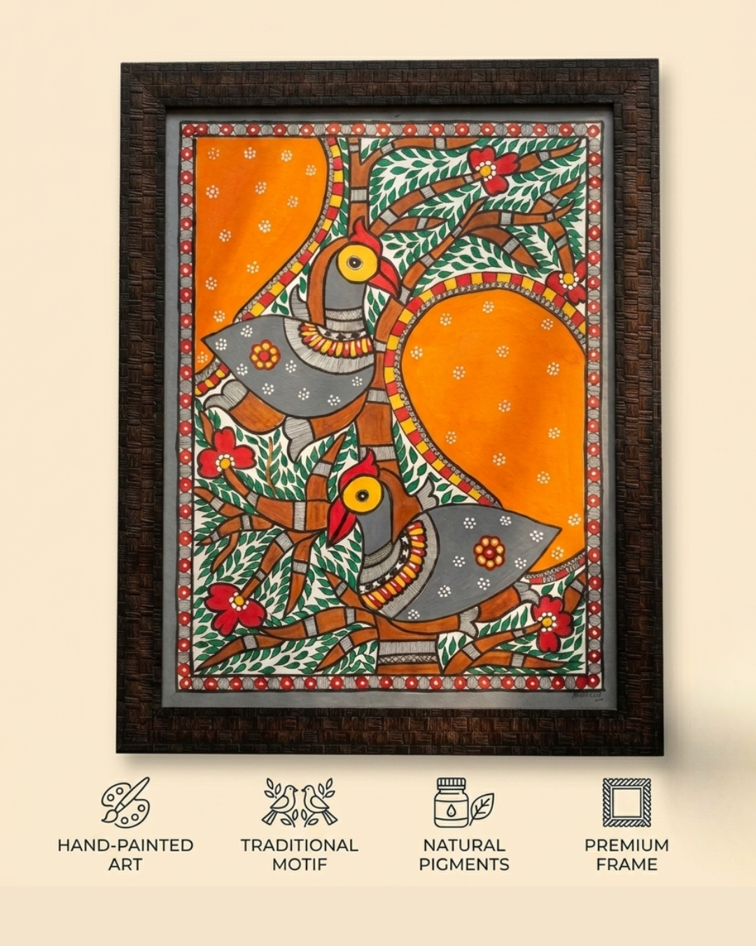 Peacock Madhubani Painting  with Frame – Traditional Indian Wall Art