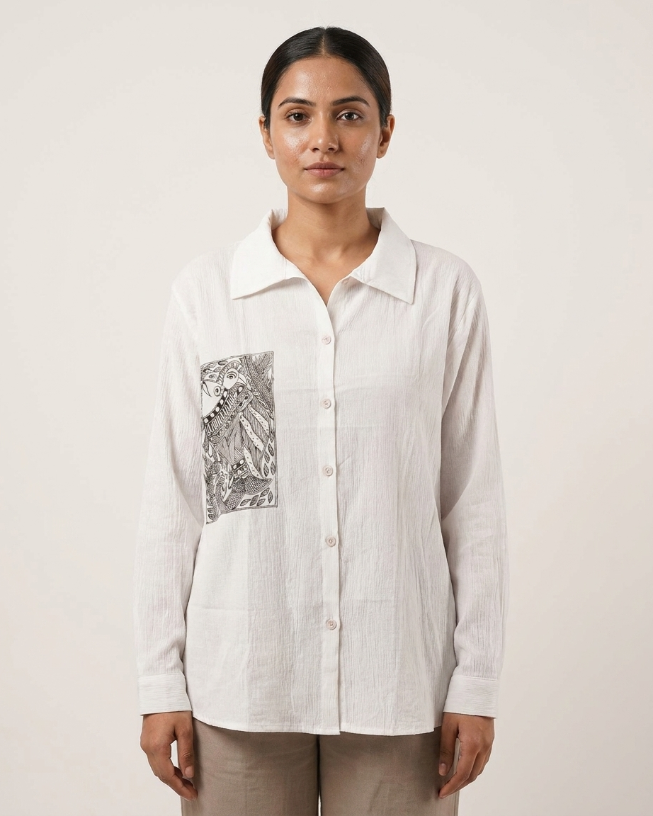 Hand-Painted Madhubani Art Women's Shirt - Traditional Mithila Design