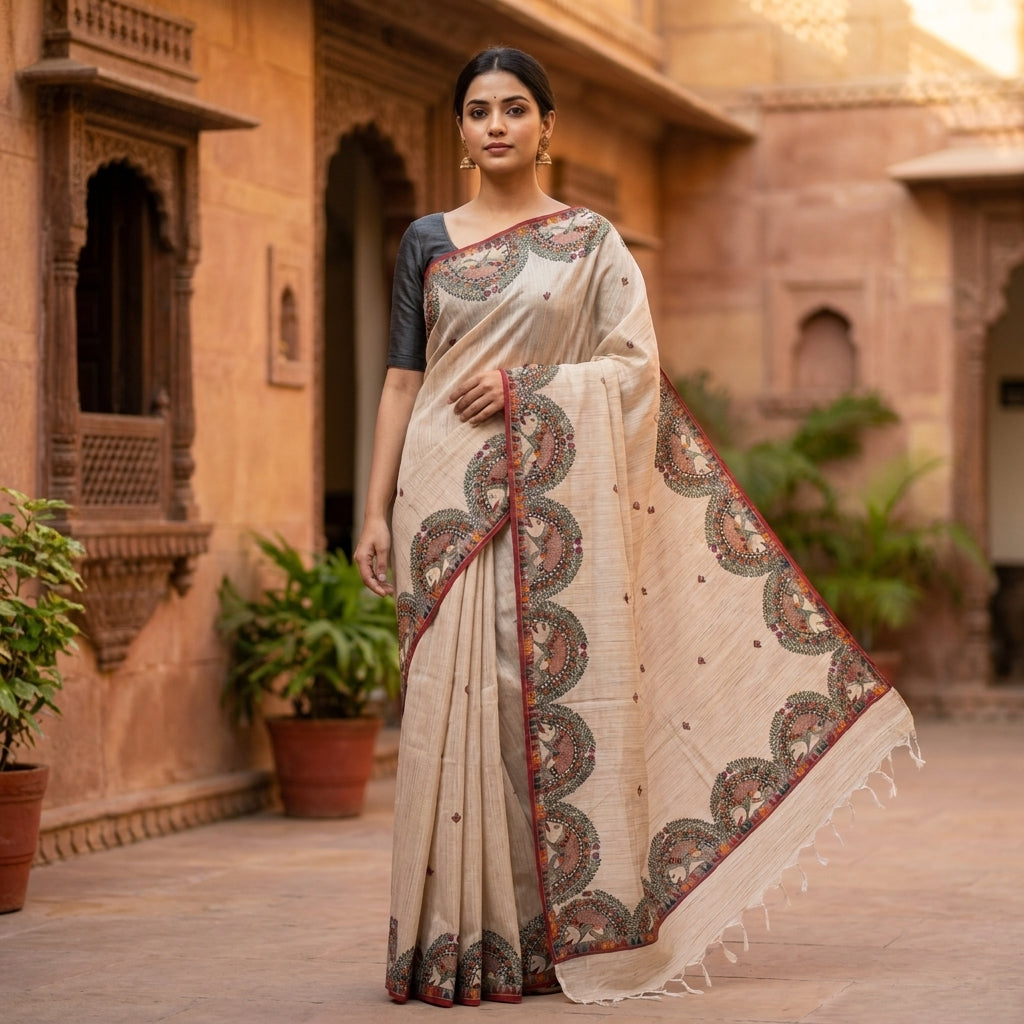 Handmade Madhubani Painting Tussar  Saree with Blouse – Traditional Ethnic Wear for Women