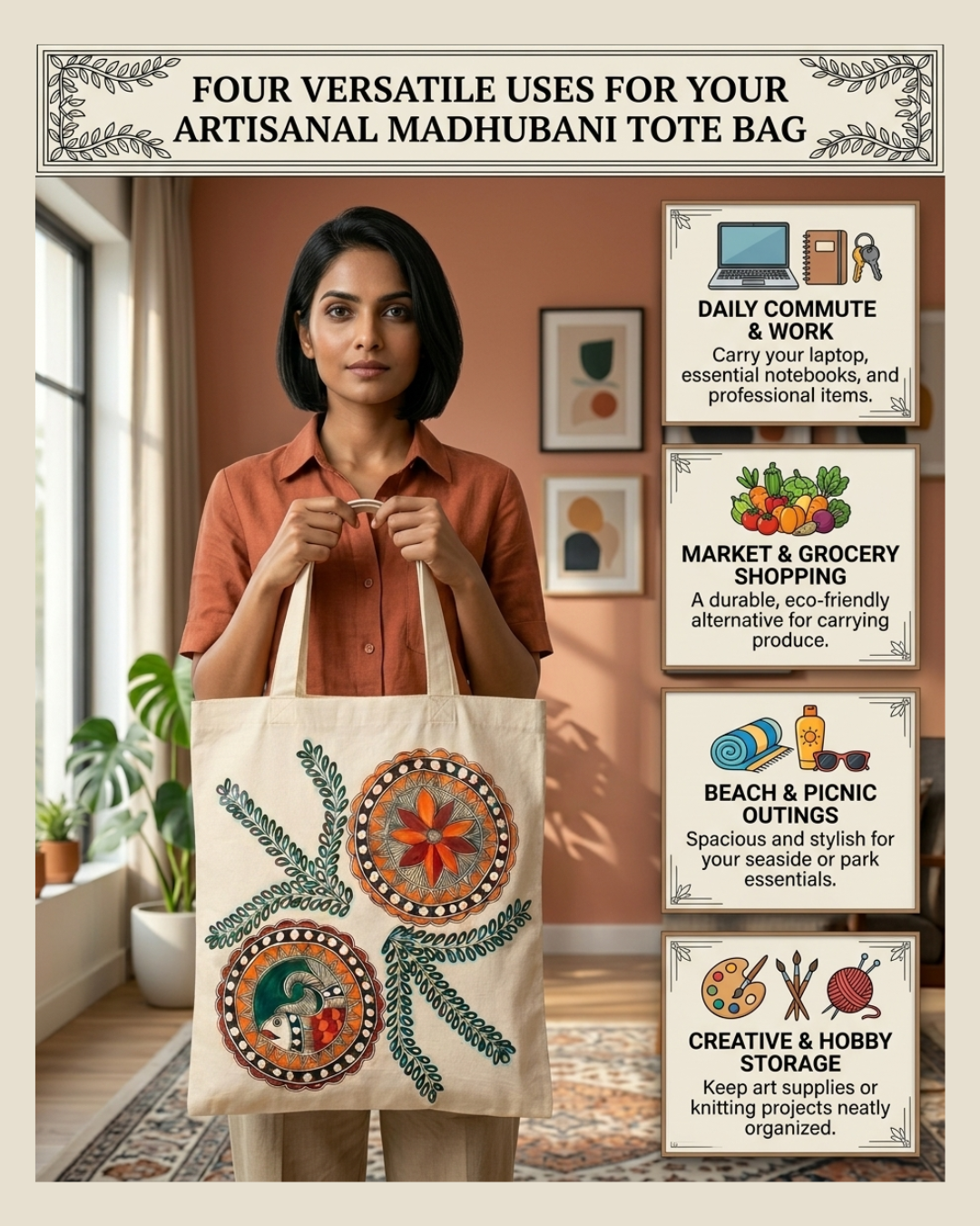 Madhubani Painting Tote Bag – Handmade Folk Art Carry Bag for Shopping, Travel & Daily Use