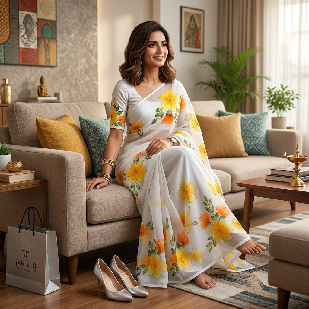 White Floral Handmade Madhubani Painting Saree with Blouse