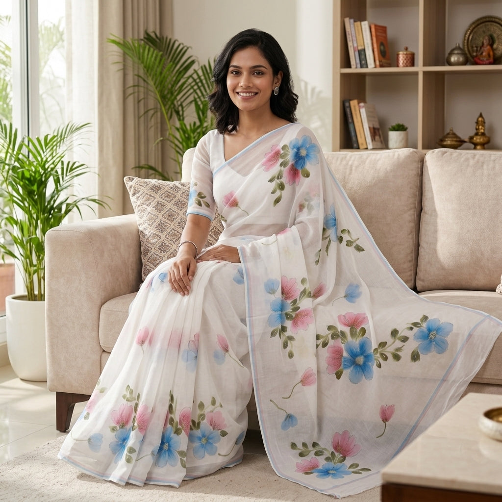 White Floral Handmade Madhubani Painting Saree with Blouse