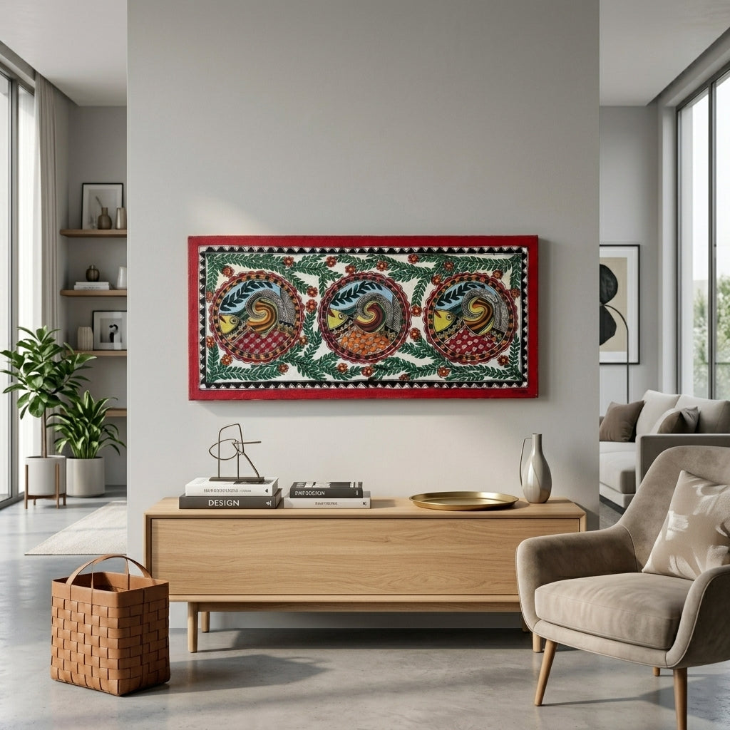 Fish Madhubani Painting with Frame – Handmade Wall Art