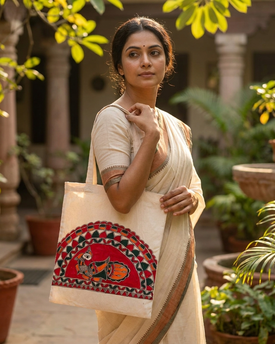 Madhubani Painting Tote Bag – Handmade Ethnic Art Shoulder Bag
