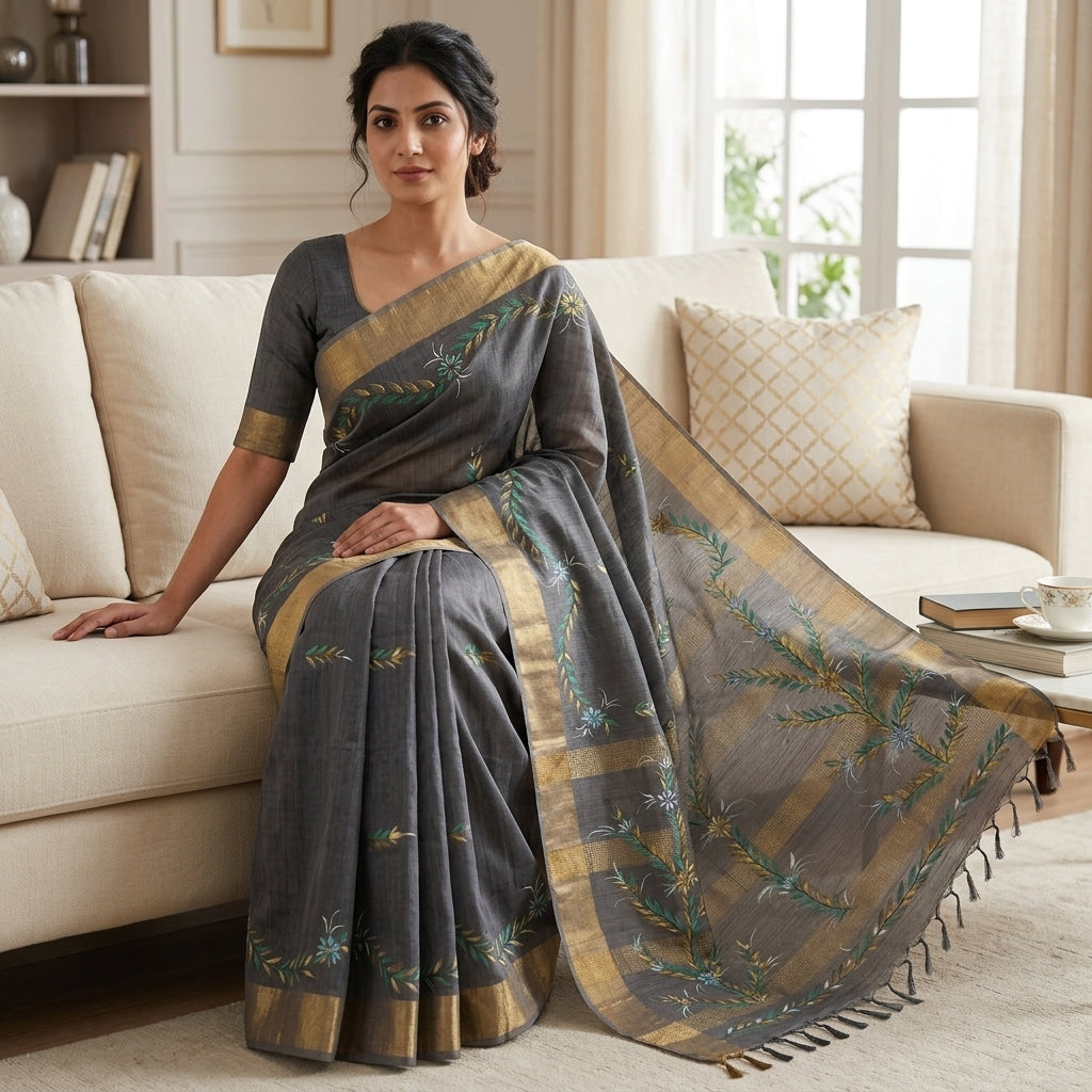 Dark Grey Handmade Madhubani Painting Saree with Blouse - Traditional Mithila Art