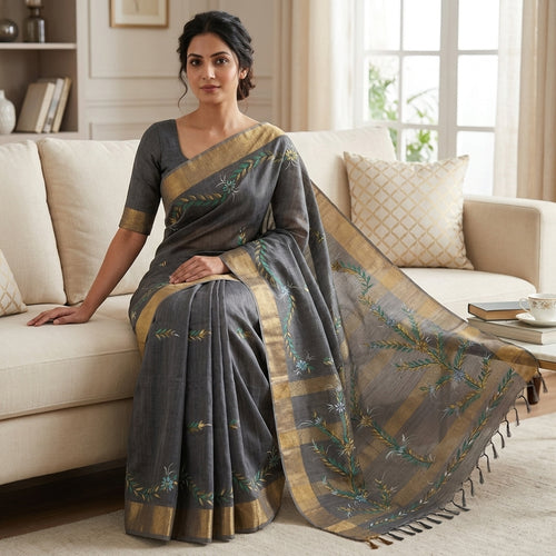 Dark Grey Handmade Madhubani Painting Saree with Blouse - Traditional Mithila Art