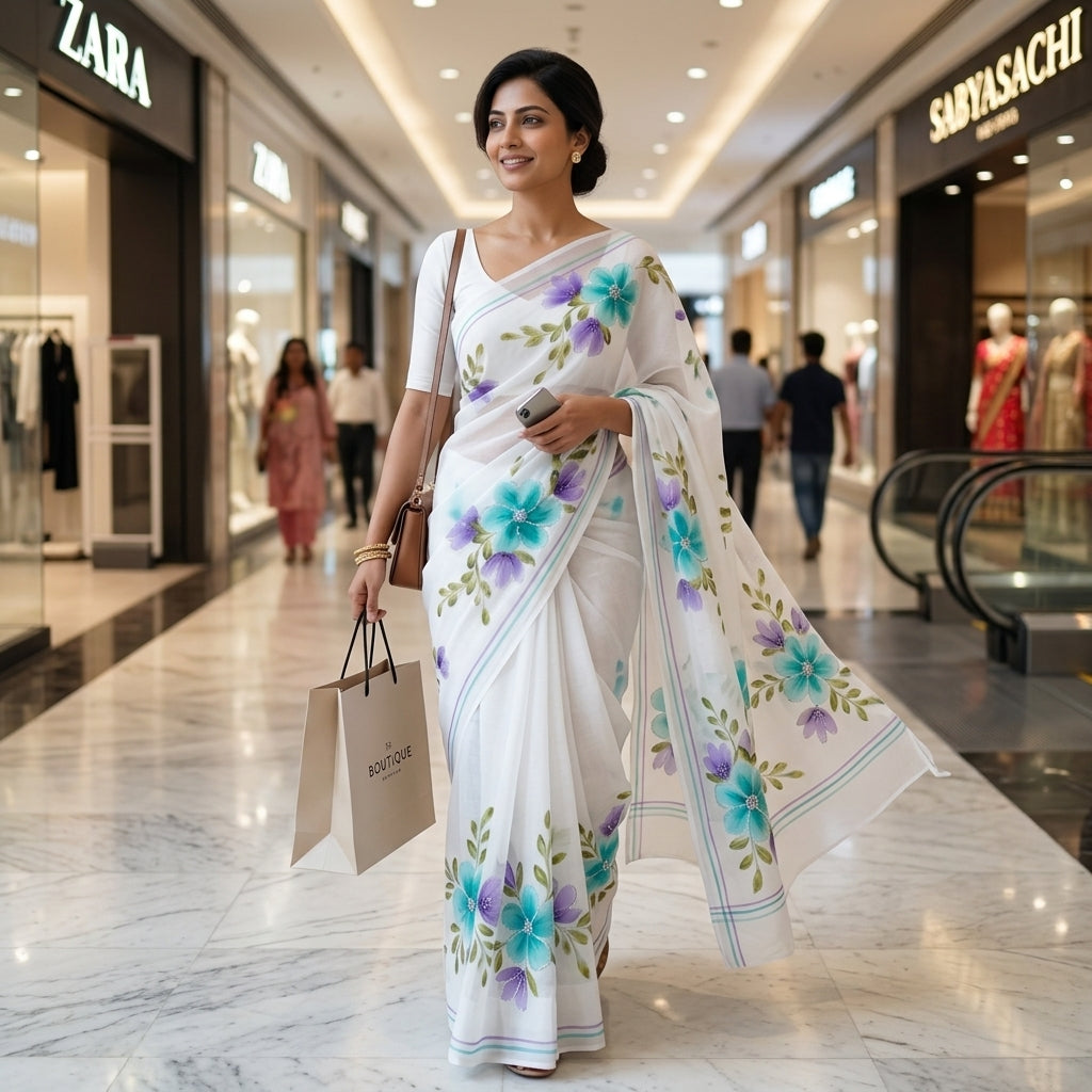 White Floral Handmade Madhubani Painting  Saree with Blouse