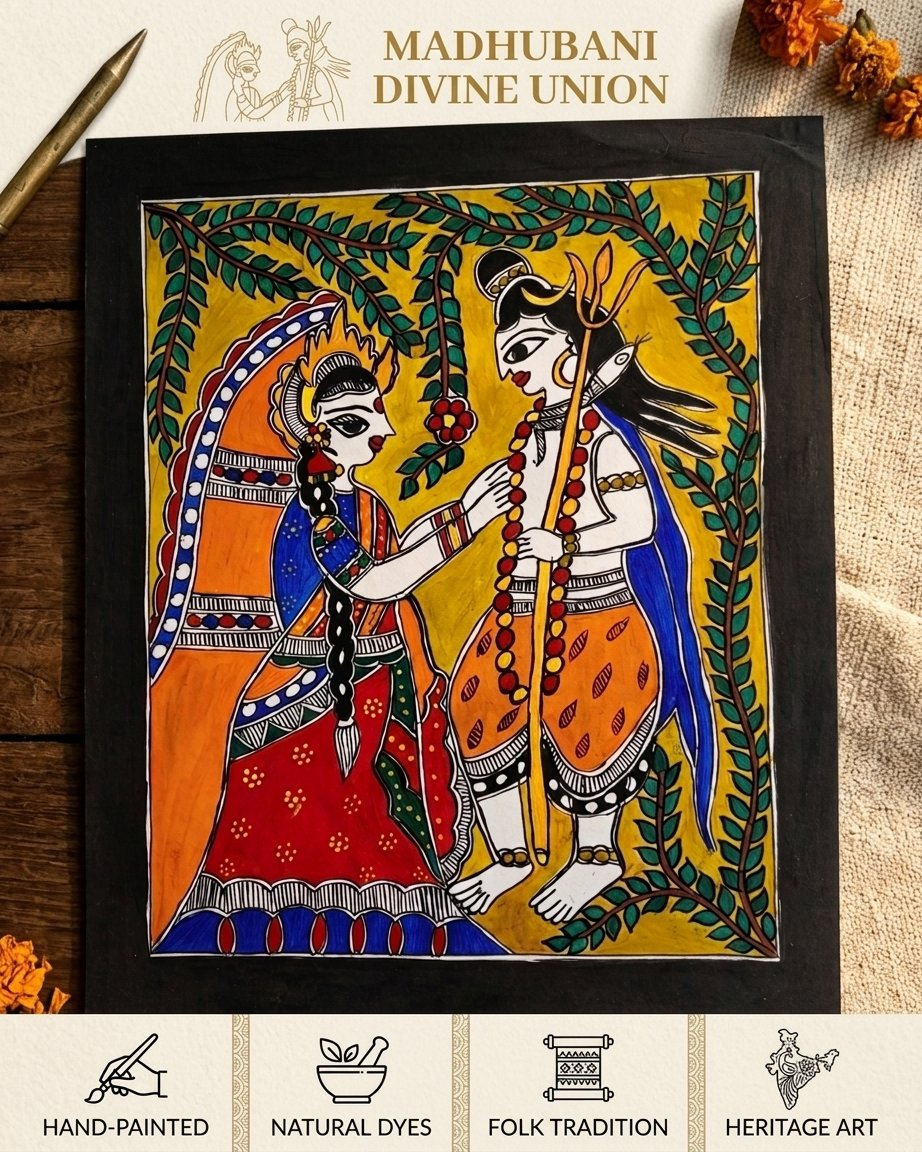 Shiv Parvati Madhubani Painting Handmade Paper Wall Art Without Frame