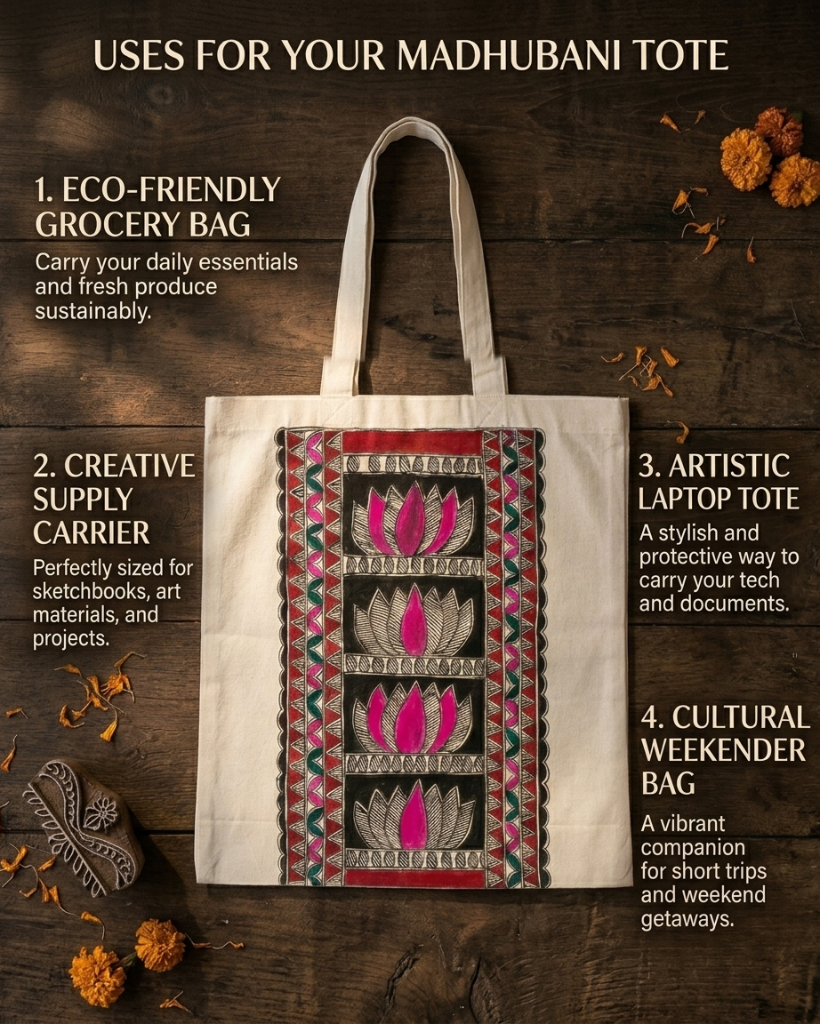 Handcrafted Madhubani Painting Tote Bag – Reusable Shoulder Bag for Everyday Use