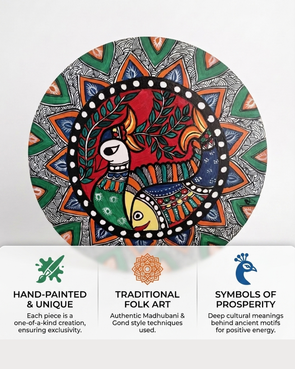 Handmade Peacock Madhubani Painting Wall Art on MDF Board | Traditional Mithila Art Decor