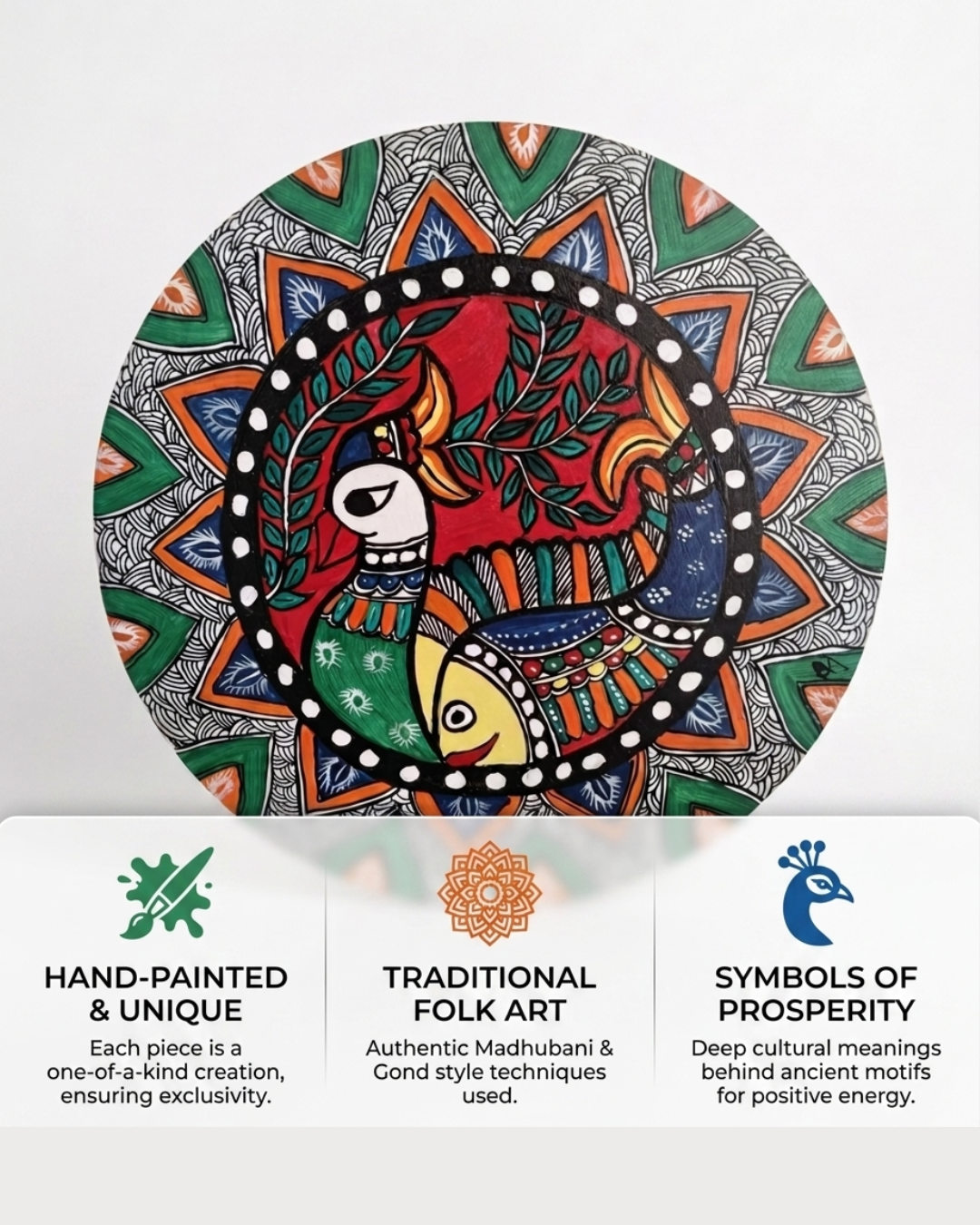 Handmade Peacock Madhubani Painting Wall Art on MDF Board | Traditional Mithila Art Decor