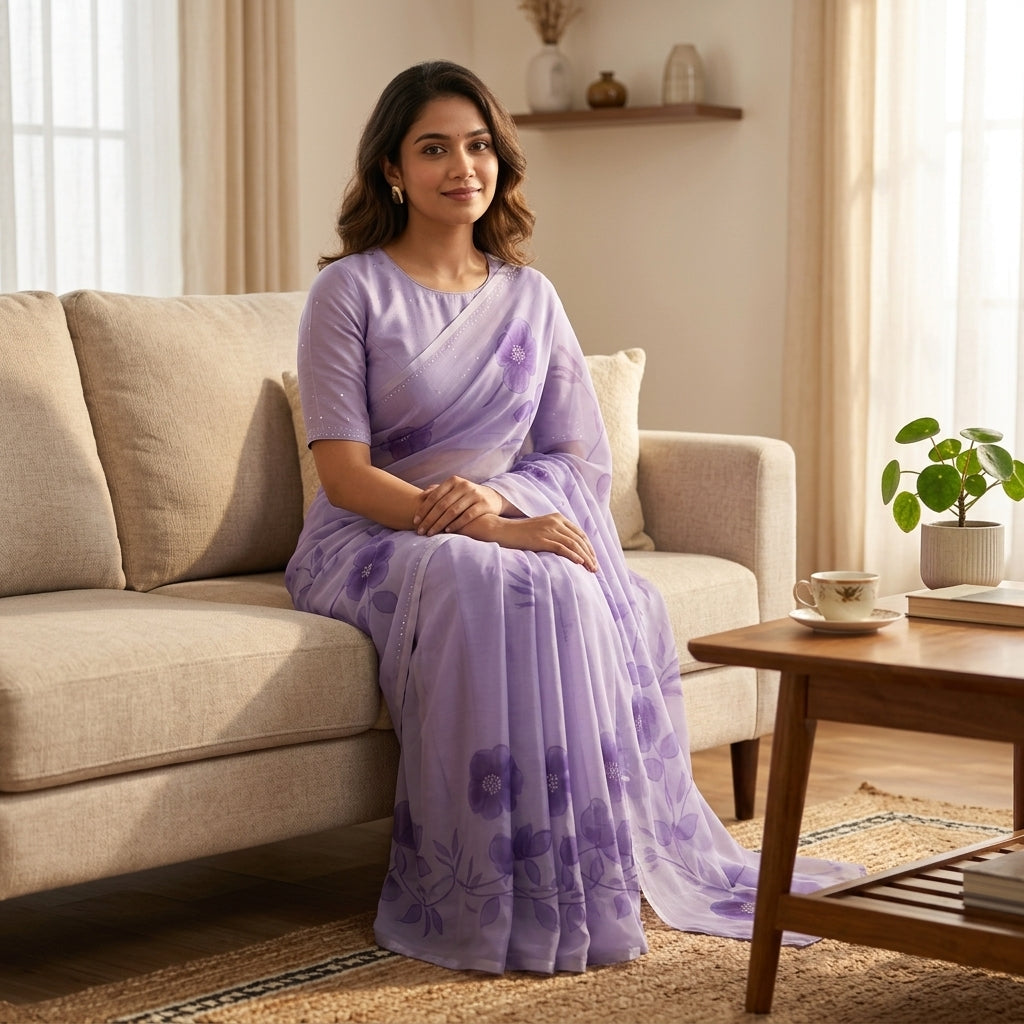 Lavender Floral Handmade Madhubani Painting Saree with Blouse – Handcrafted Mithila Art