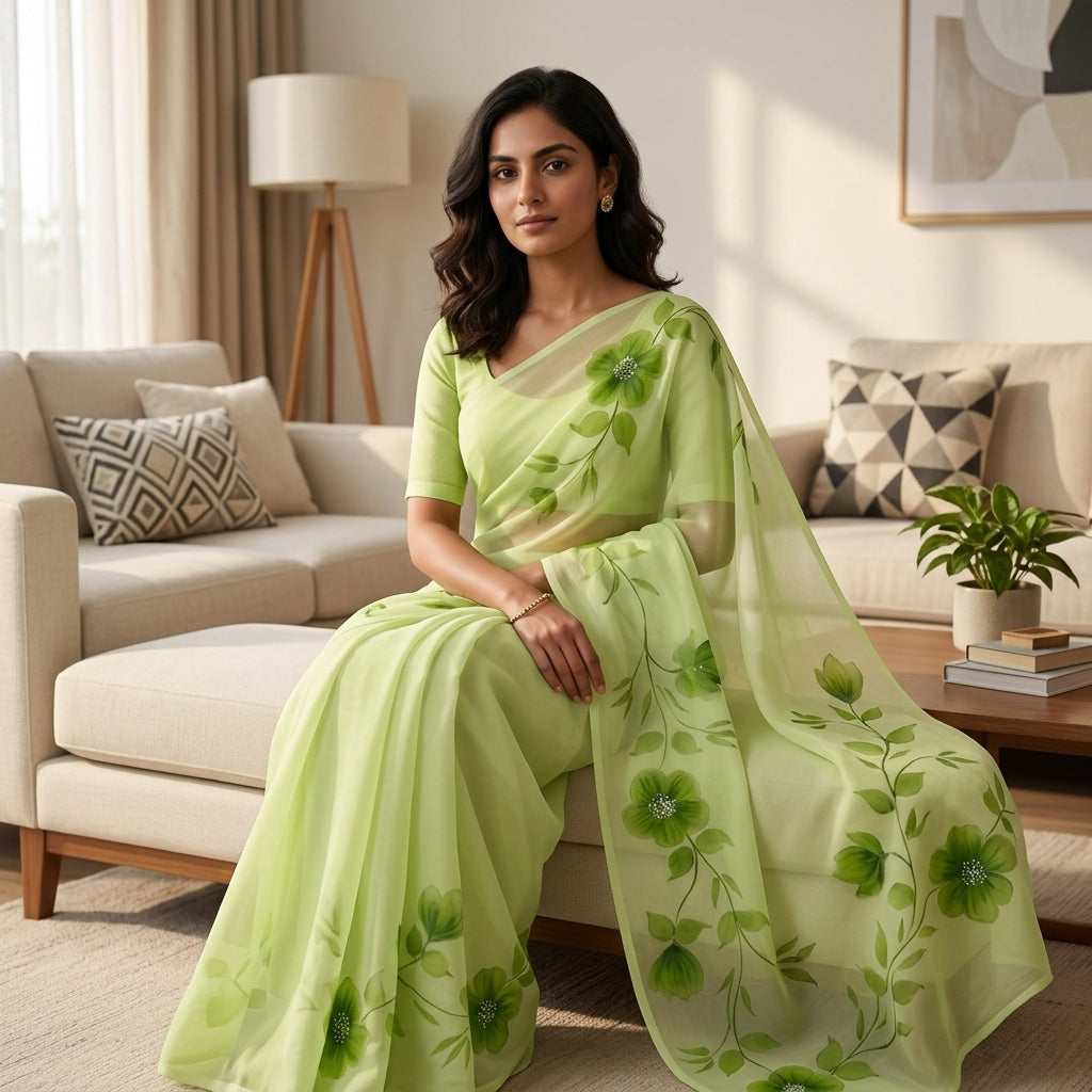 Pista Green Floral Handmade Madhubani Painting Saree with Blouse