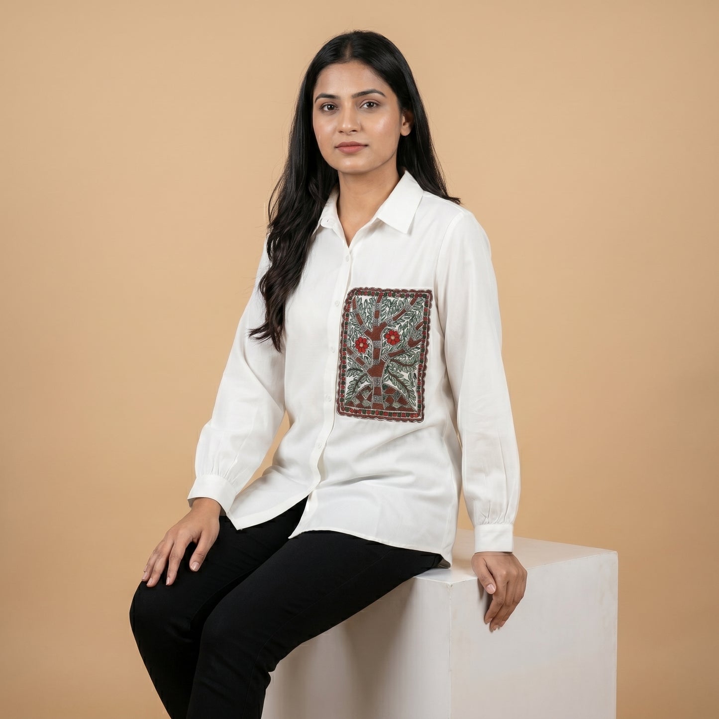 Hand-Painted Madhubani Women's Shirt Front & Back Art