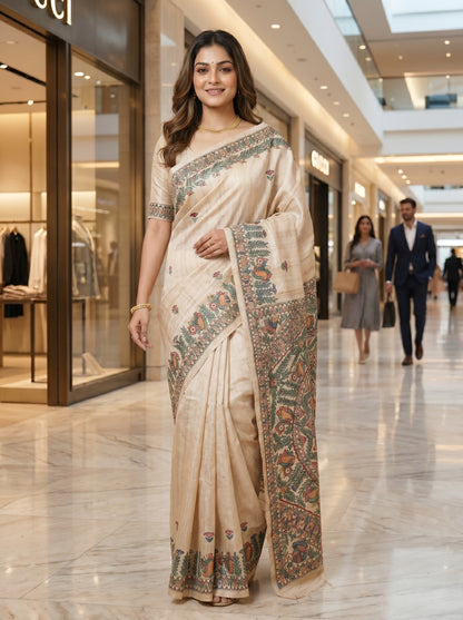 Light Cream Handmade Madhubani Painting Saree for Women