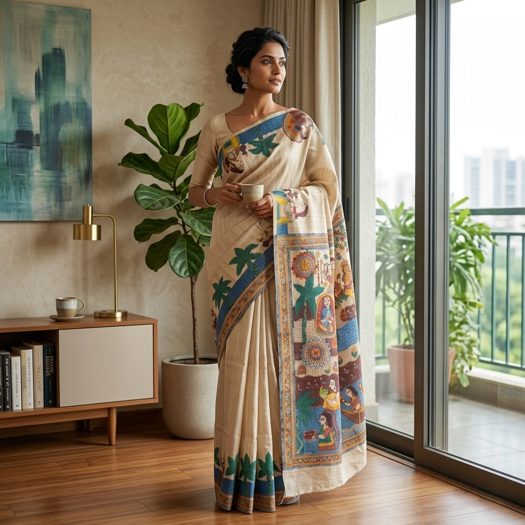 Handmade Madhubani Painting Silk Saree with Blouse | Ethnic Saree