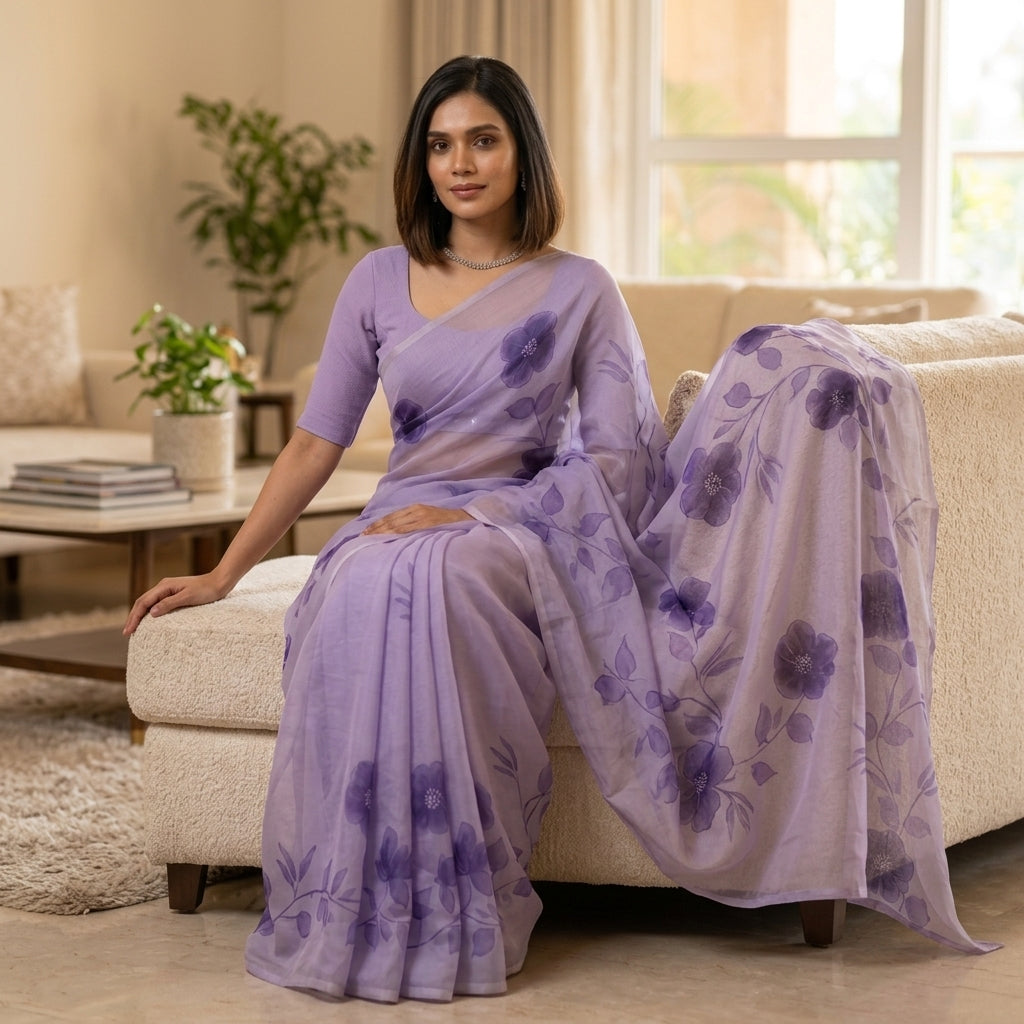 Lavender Floral Handmade Madhubani Painting Saree with Blouse – Handcrafted Mithila Art