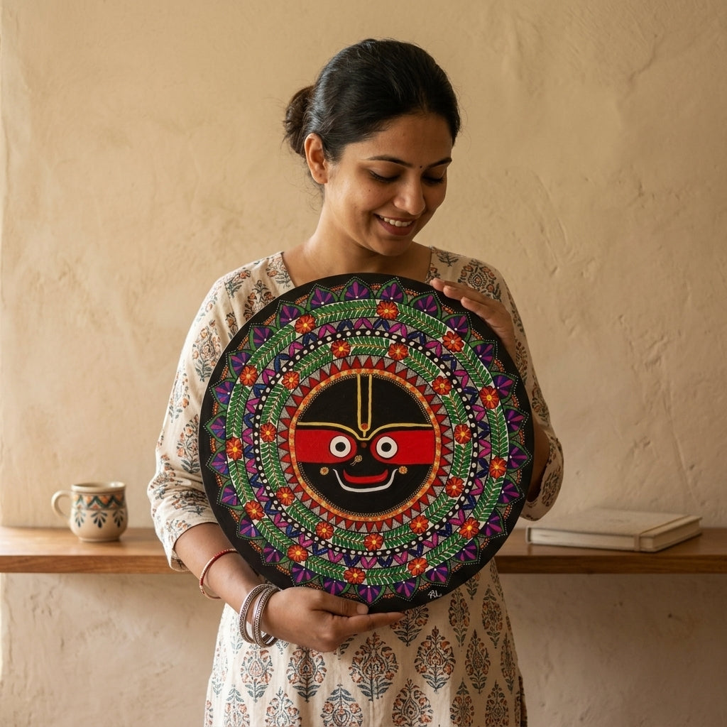 Jagannath Ji Madhubani Painting Wall Art – Handmade MDF Board Spiritual Home Decor