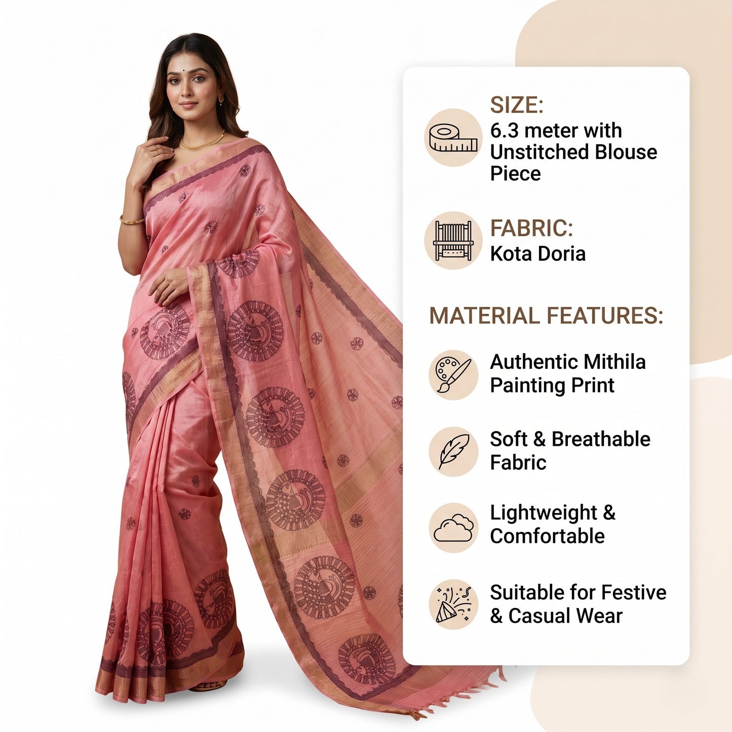 Onion Pink Handmade Madhubani Painting Saree with Blouse