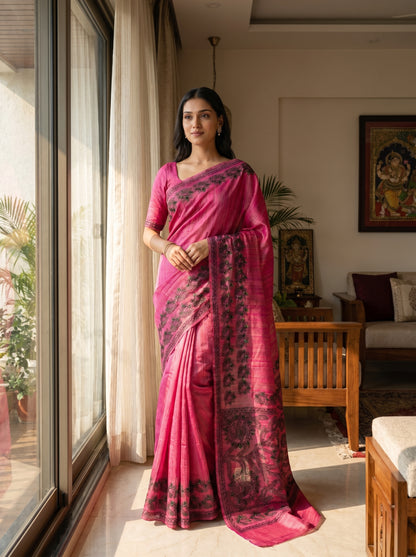 Rani Pink Handmade Madhubani Painting Saree for Women