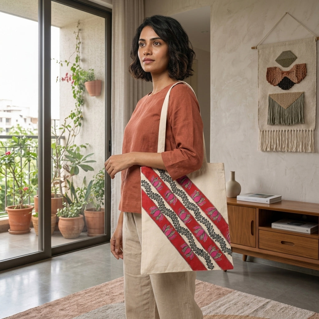 Hand-Painted Madhubani Painting Tote Bag – Handmade Ethnic Carry Bag