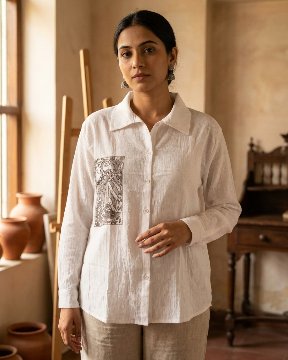 Hand-Painted Madhubani Art Women's Shirt - Traditional Mithila Design