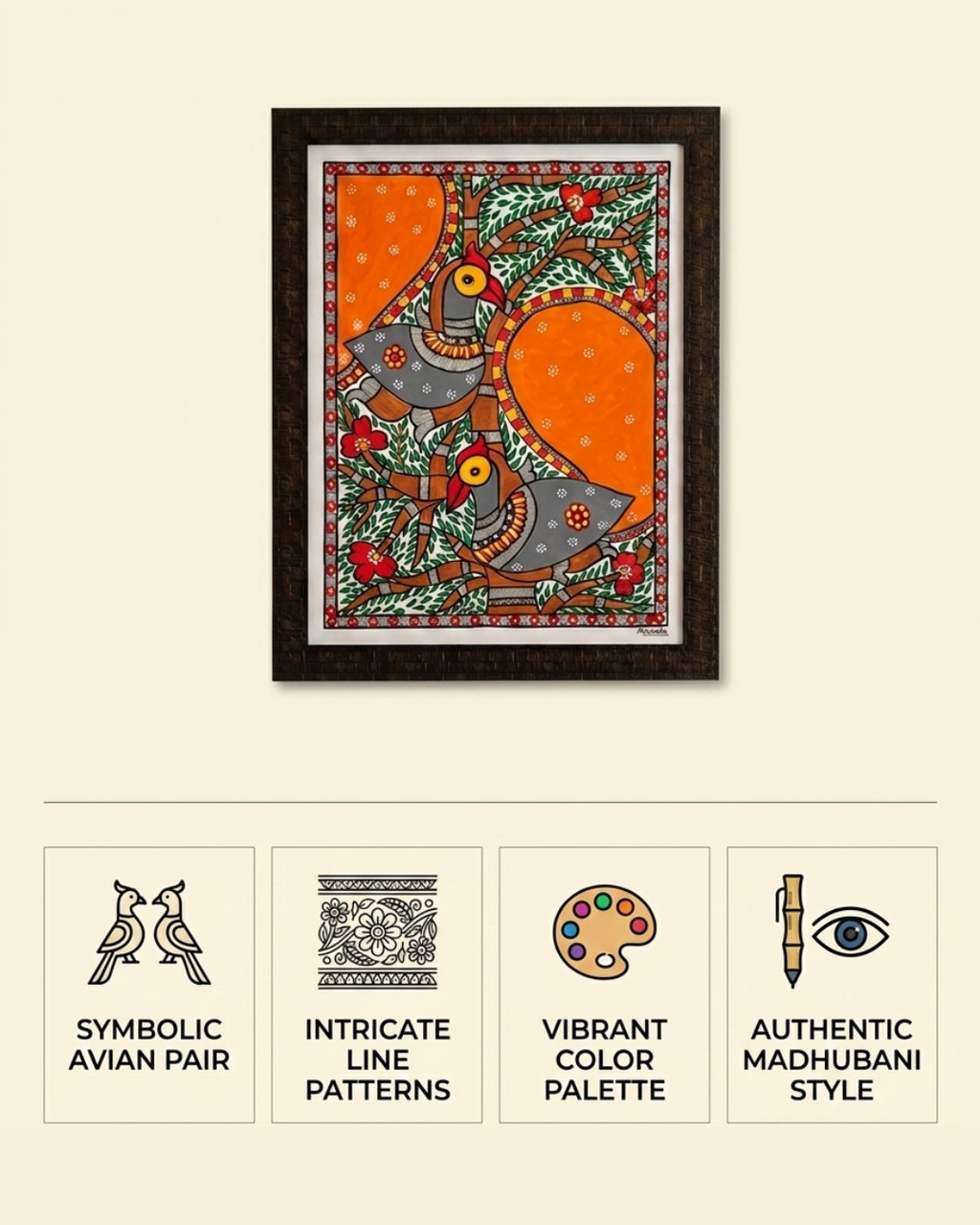 Peacock Madhubani Painting  with Frame – Traditional Indian Wall Art