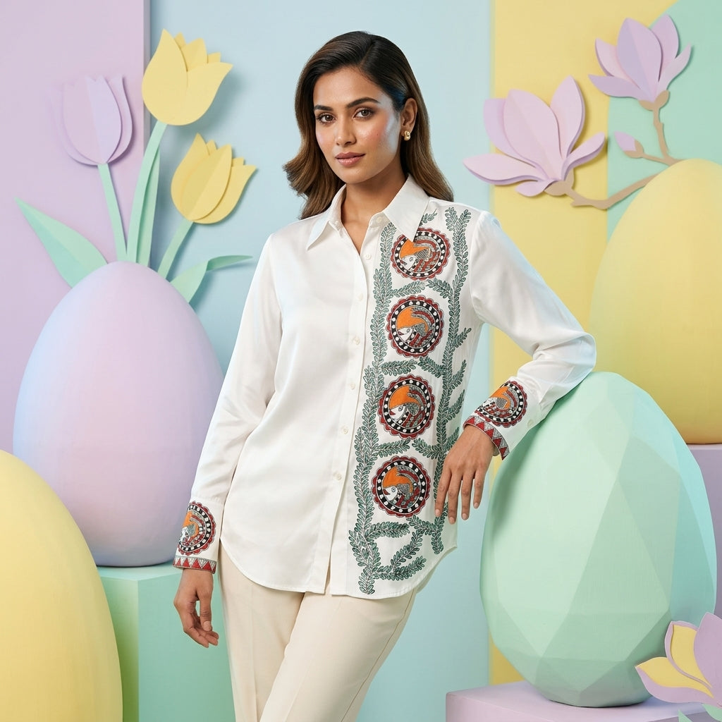 Women Madhubani Painting Shirt (Size L) – Handcrafted Designer Ethnic Wear