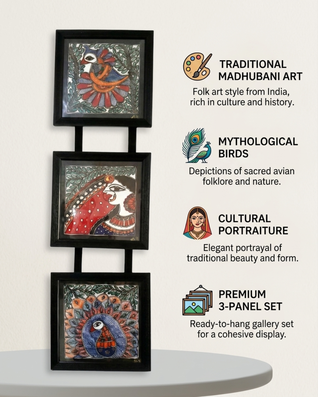 Peacock & Woman Madhubani Painting Triple Frame (7x8 Inch) | Wall Hanging Decor