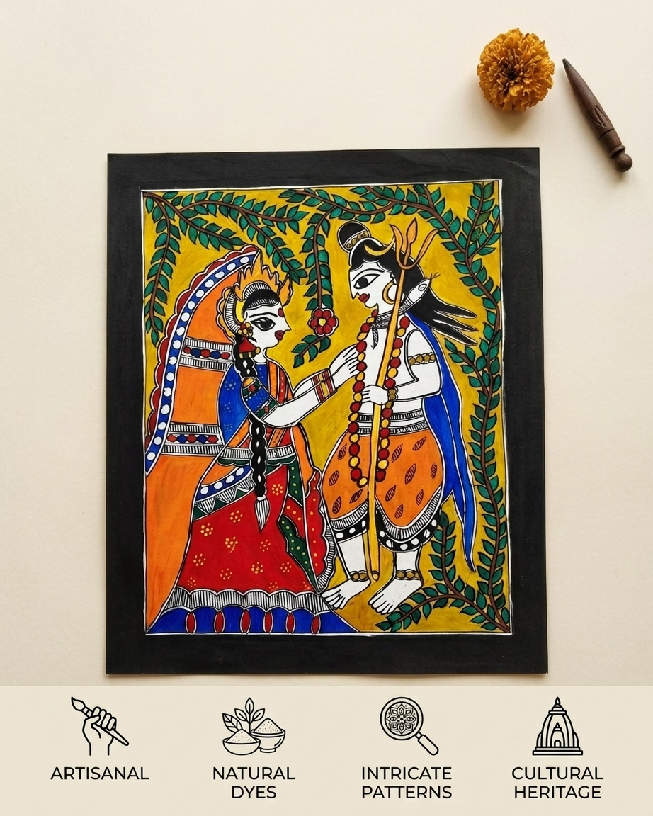 Shiv Parvati Madhubani Painting Handmade Paper Wall Art Without Frame