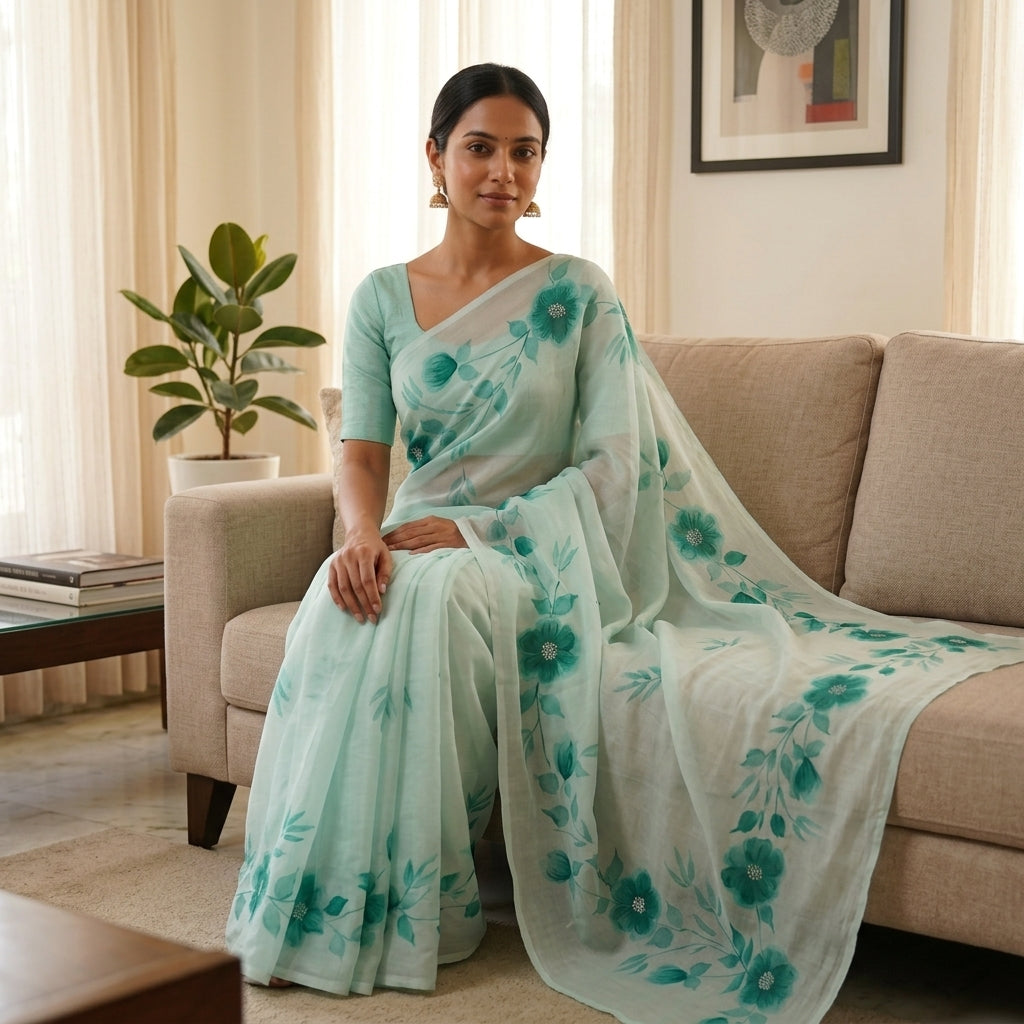Mint Green Floral Handmade Madhubani Painting Saree with Blouse