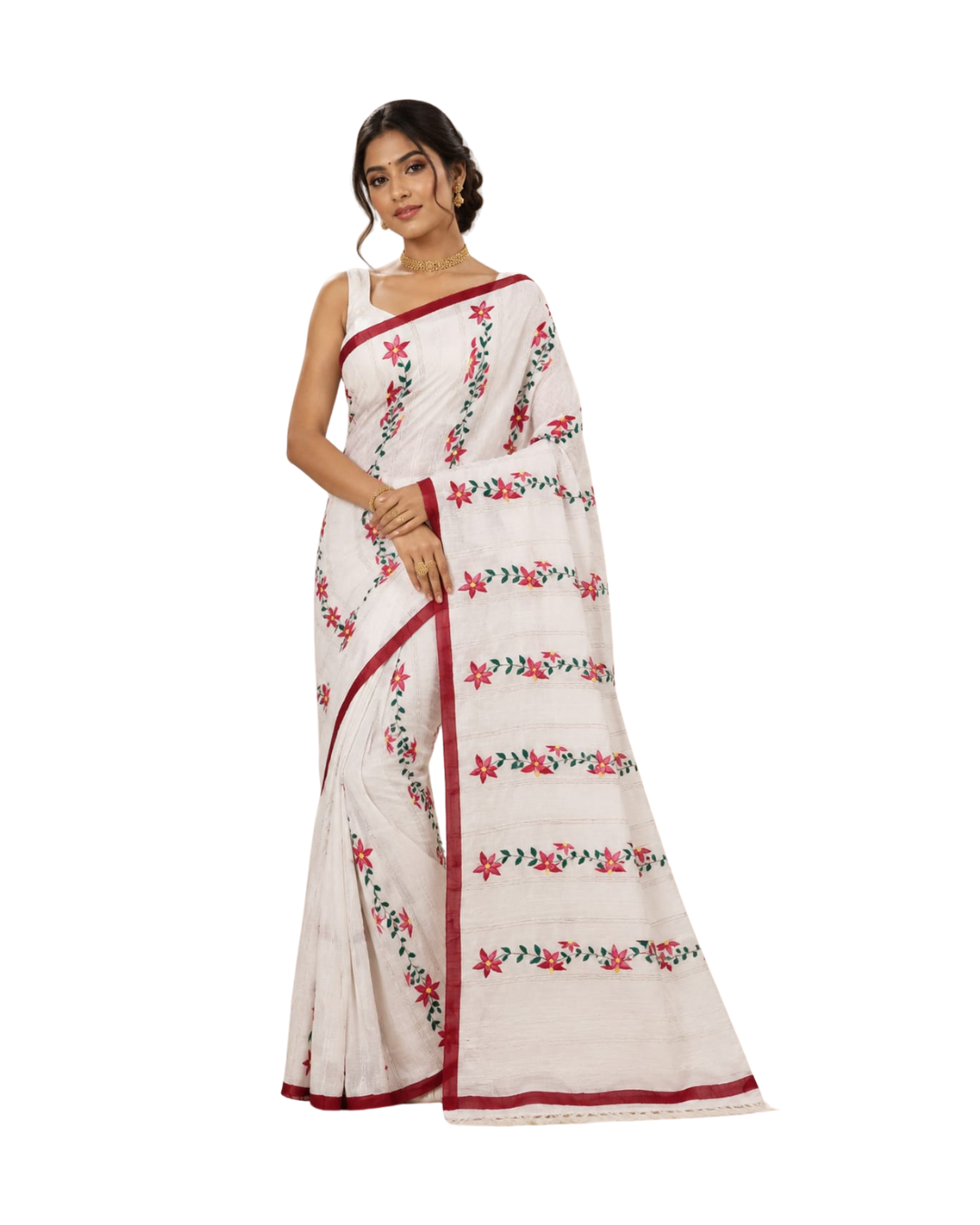 Red & White Floral Handmade Madhubani Painting Saree with Blouse