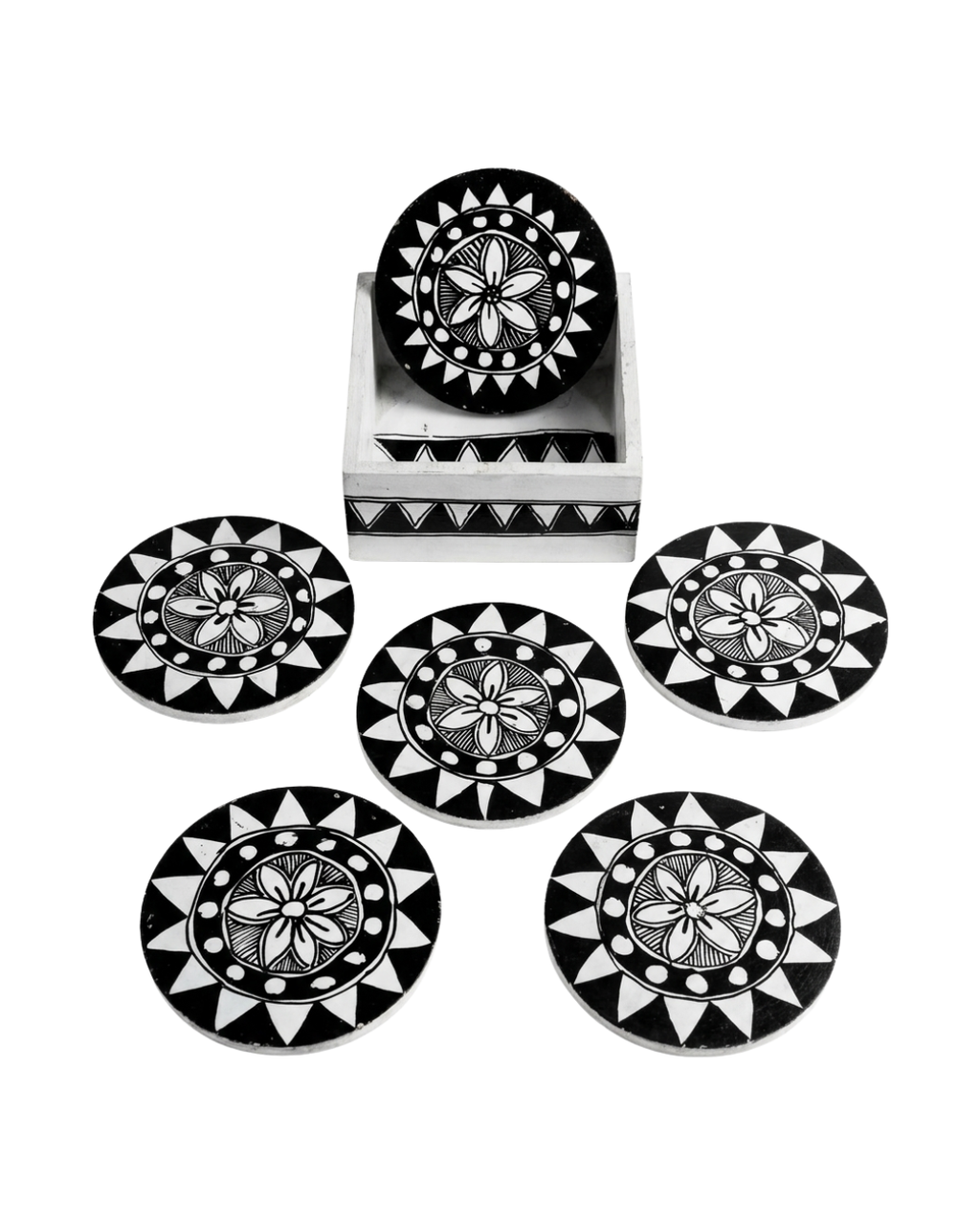 Handmade Rangoli Design Madhubani Coaster Set with Stand |  Tea Coasters (Set of 6)