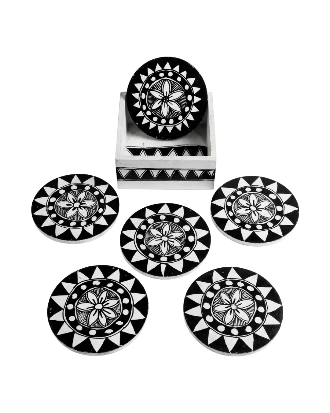 Handmade Rangoli Design Madhubani Coaster Set with Stand |  Tea Coasters (Set of 6)