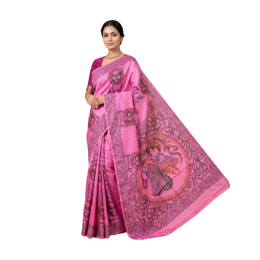 Rani Pink Handmade Madhubani Painting Saree for Women