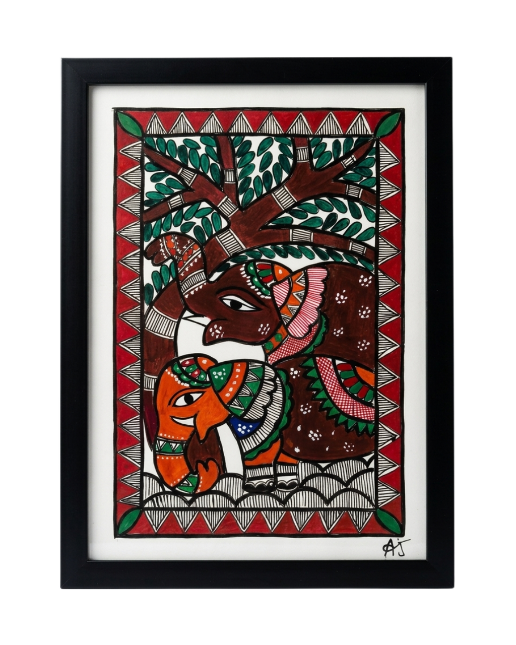 Elephant Madhubani Painting Framed A4 – Wall Art Decor