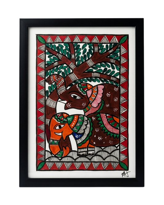 Handmade Elephant Madhubani Painting Framed Wall Art